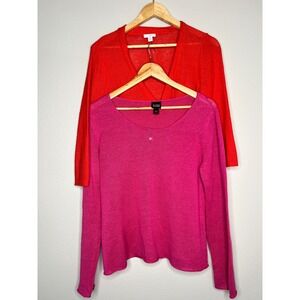 Eileen Fisher 100% Linen Pink Top & J Jill Red Cardigan Sweater Bundle Womens S
